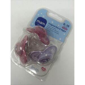 NEW MAM 3 Pacifiers Original Day & Night 6-16 Months Silicone Pink Purple Animal